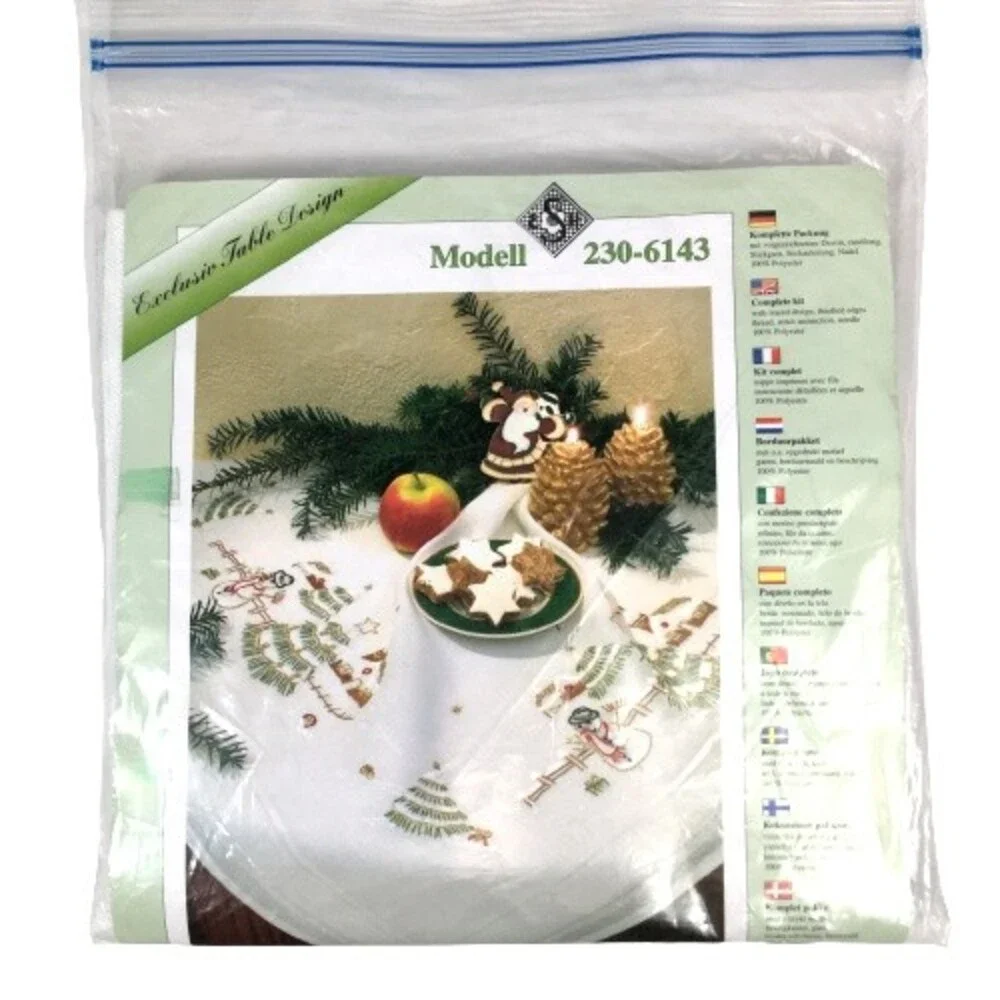 Exclusive Table Design Winter Scene Snowman Embroidery Square Topper Kit 32